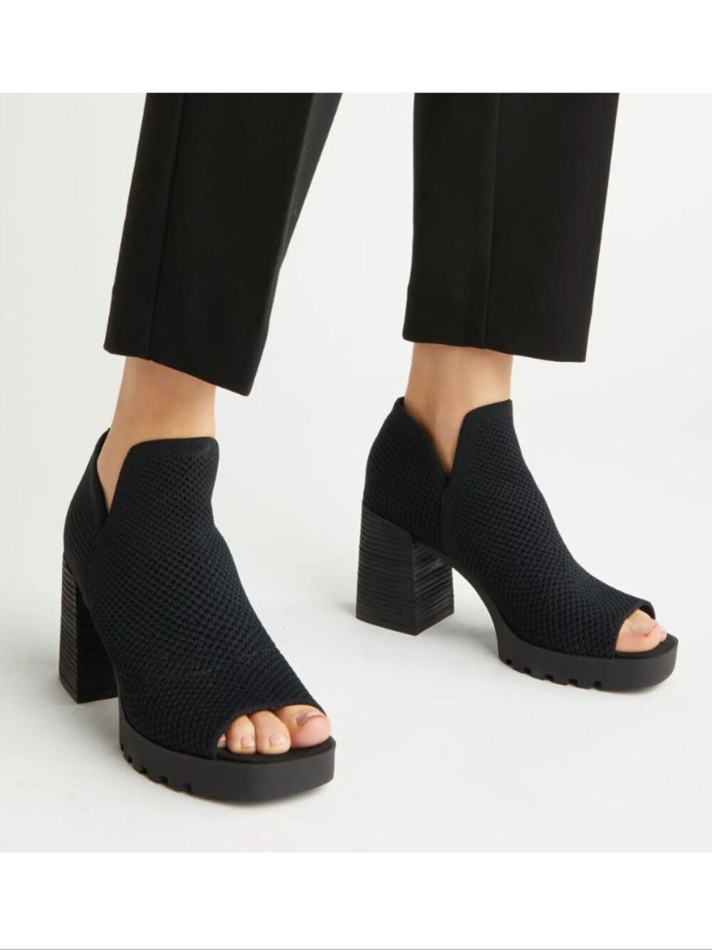 Eileen Fisher Collin Peep Toe Bootie Size 7 Black Stretch Knit Block Heel NEW